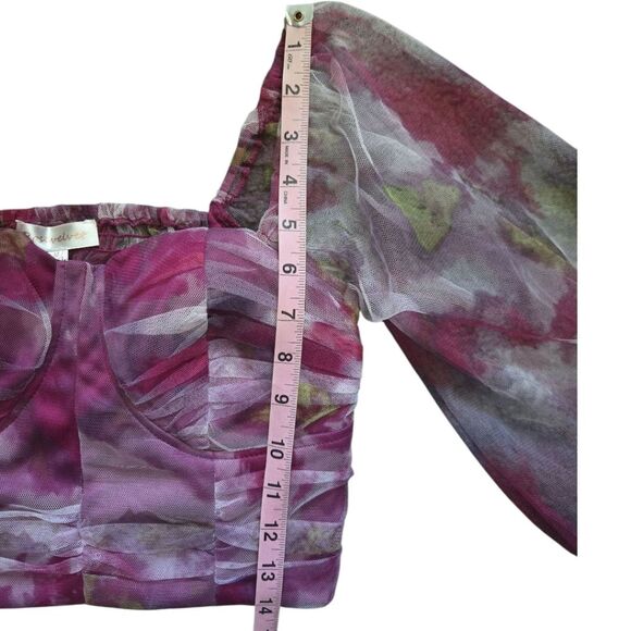 Pink Floral Ruched Crop Blouse W 3/4 Sleeves - M - Picture 10 of 10